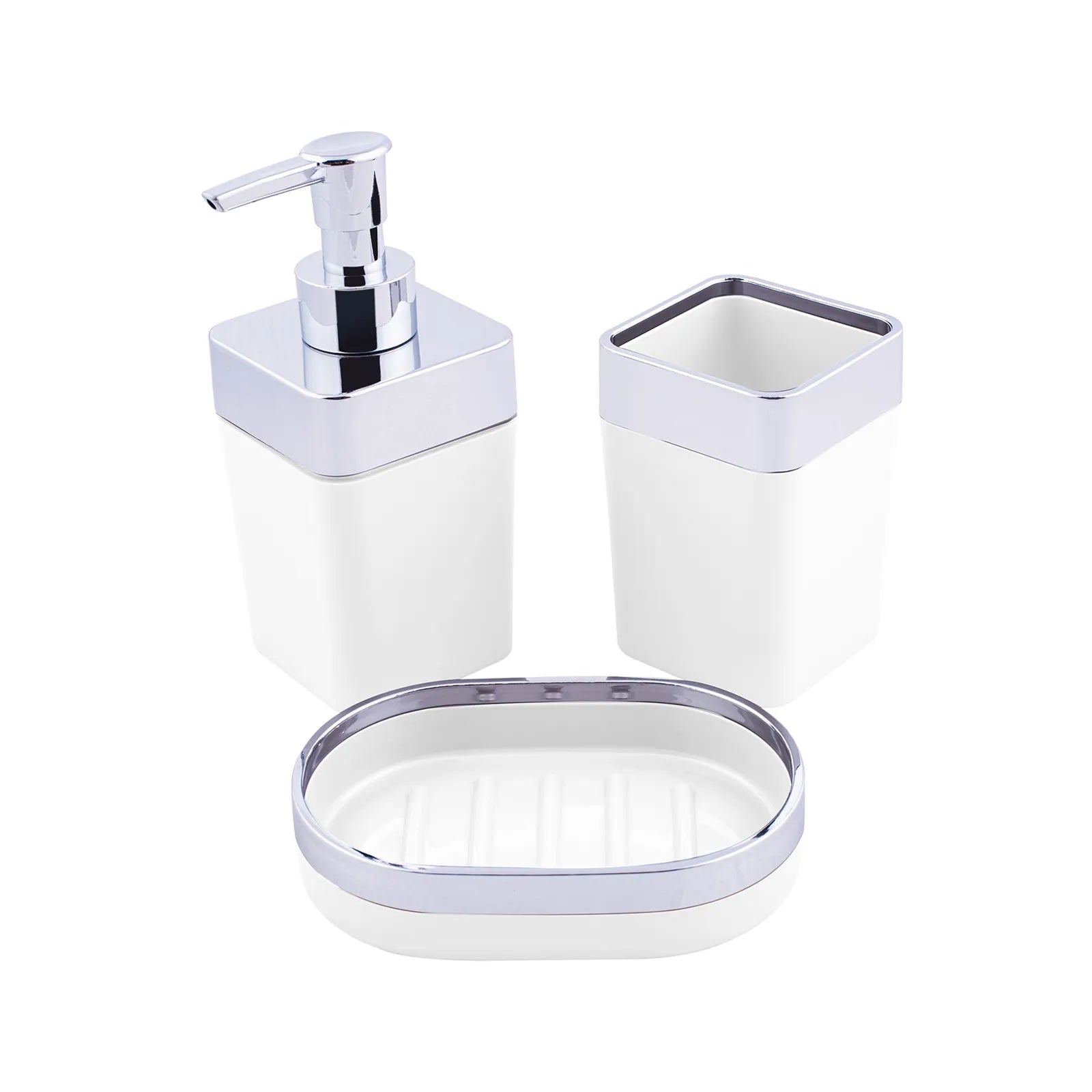 3-piece bathroom accessories set including a toothbrush holder, liquid soap dispenser, and solid soap.